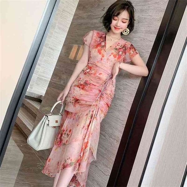 

printed v-neck three-dimensional pleated ruffled dress women's summer sleeveless office lady knee-length 210416, Black;gray