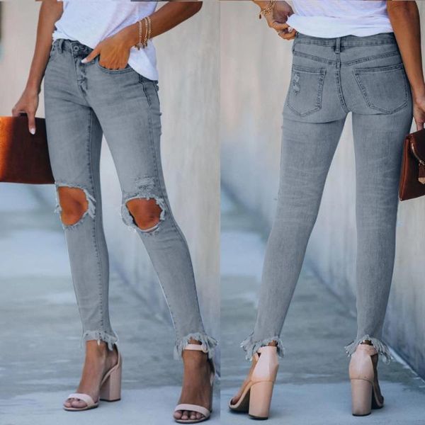 

zipper full length high waist hole button jeans skinny softener pencil pants pockets women denim jean women's, Blue