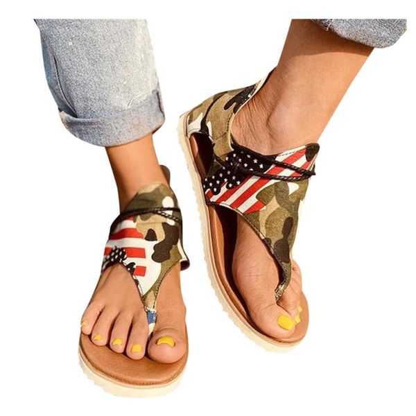 

sagace ladies sandals summer retro camouflage spell flag roman style clip toe flat flip-flops shoes for women, Black