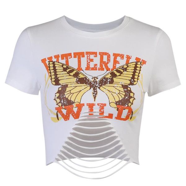 

women's t-shirt hollow round collar cropped female students short sleeve tshirts crop retro butterfly print 2021 summer, White