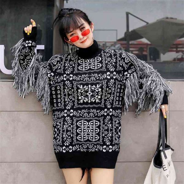 

autumn winter long sleeve tassel loose fashion trend women pullovers knitted coat large size wool sweater qk41401 210510, White;black