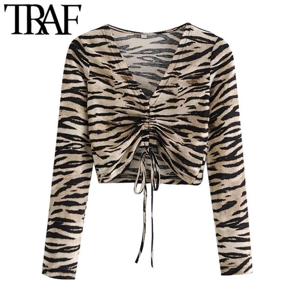 

women fashion with drawstring animal print cropped blouses vintage v neck long sleeve female shirts chic 210507, White
