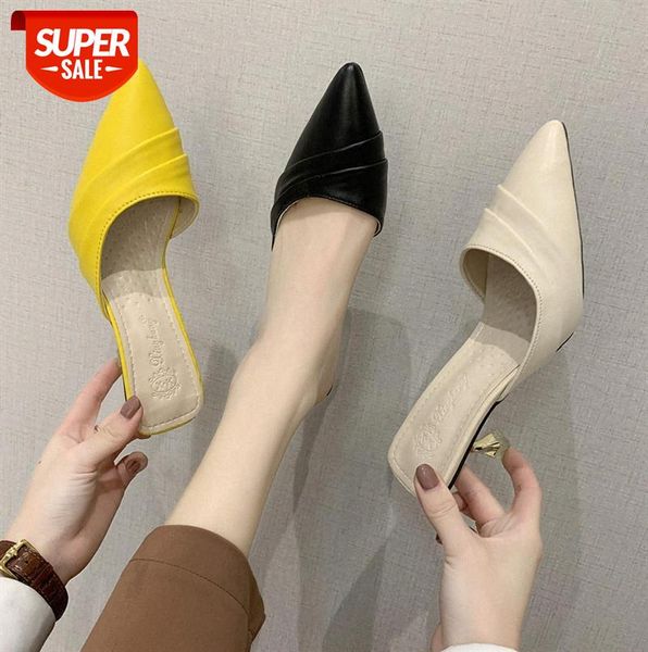 

women's shoes pointed toe baotou half slippers women stiletto mid-heel sandals and #l94s, Black