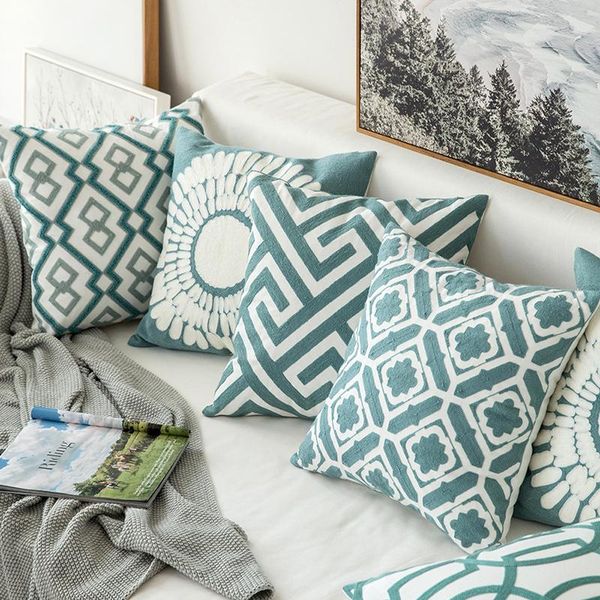 

home decor embroidered cushion cover grey blue/white geometric floral canvas cotton suqare embroidery pillow 45x45cm cushion/decorative