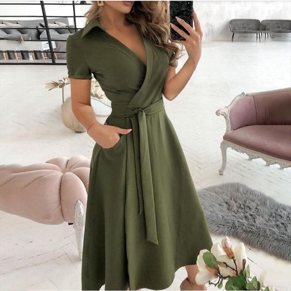 

spring summer midi casual womens dresses boho solid short sleeve print fashion strappy asymmetrical streetwear clothing red green, Black;gray