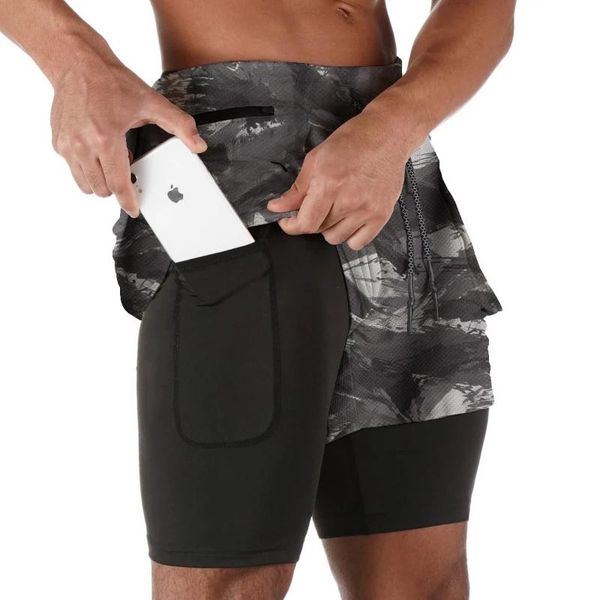 

running shorts camo men 2 in 1 double-deck quick dry gym sport fitness jogging workout sports short pants, Black;blue
