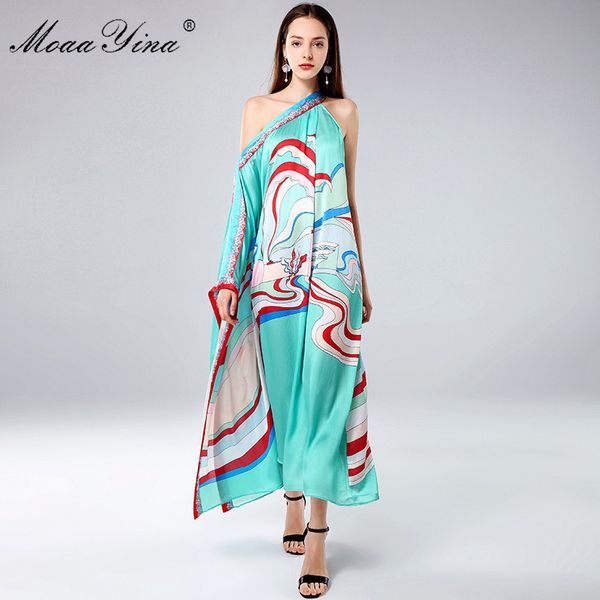 Fashion Designer Runway Dress Primavera Estate Donna monospalla manica a pipistrello stampa astratta abiti da spiaggia larghi 210524