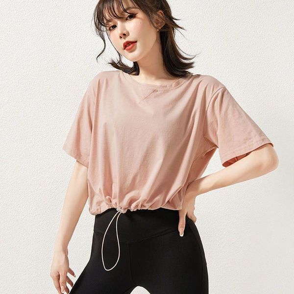 

yoga outfit woman t-shirts summer solid loose short-sleeved o-veck fashion sweet drawstring waist plus size breathable sportswear