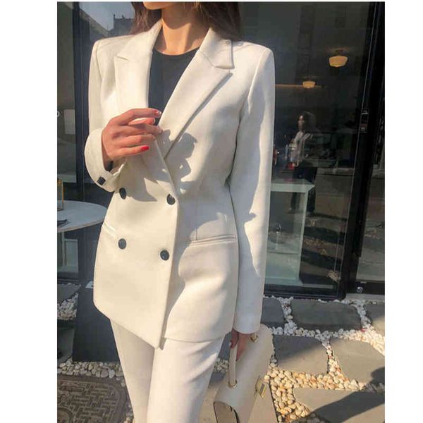 

women's two piece pants fashion 2 set women blazer double-breasted slim jacket pant suit office ladies work female pd4m, White