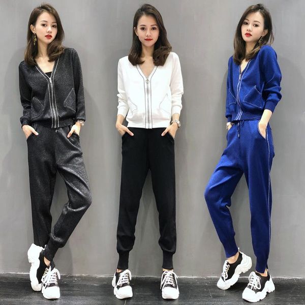 

women's two piece pants 2-piece suit european and american fashion 2021 spring autumn polyester knitted casual sportswear two-piece, White