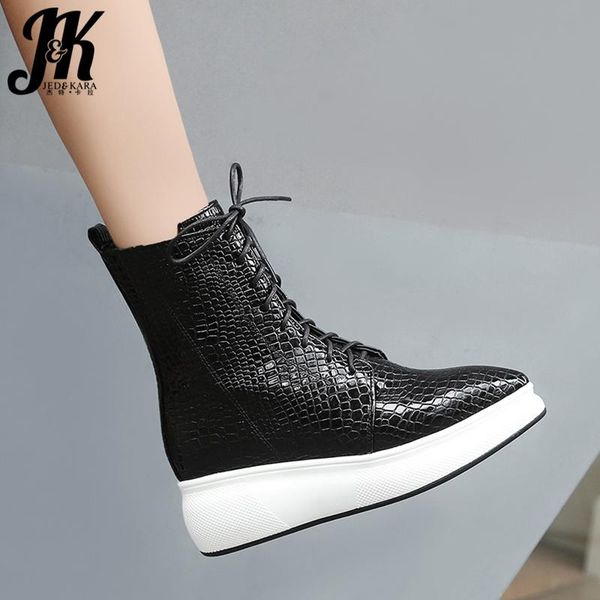 

boots jk print pu women ankle pointed toe lace up zip footwear platform ladies boot fashion casual girl shoes woman, Black