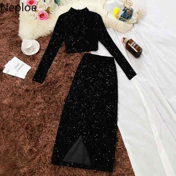 

neploe gold velet temperament 2 pcs women set stand collar long sleeve + high waist hip skirt conjuntos de mujer 48025 210407, White