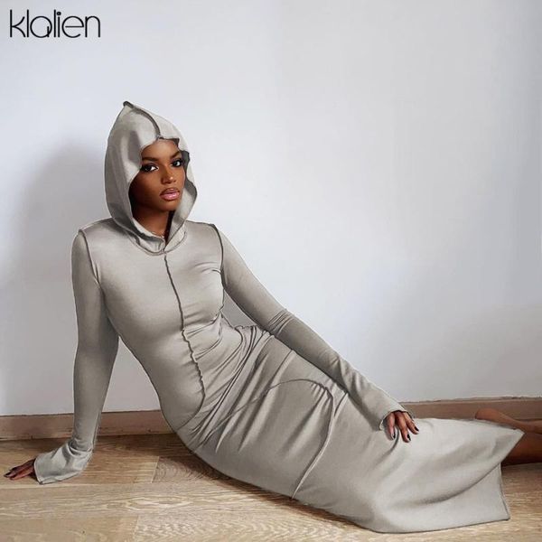 

fashion casual high street hooded long dress women autumn sleeve skinny elastic solid wild ankle-length dresses, Black;gray
