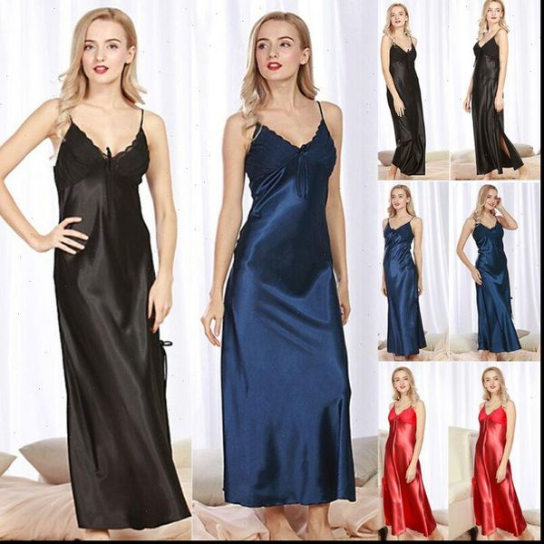 

satin long nightdress women sleepwear silk lace nightgown, Black;red