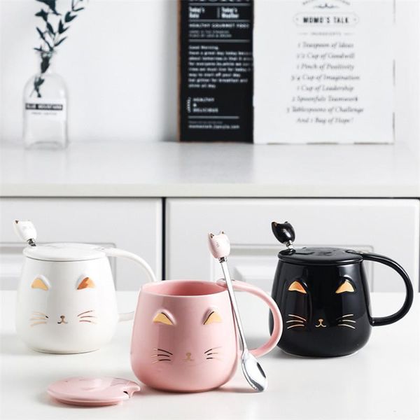 

mugs ceramic embossed cartoon cute cat coffee mug with spoon and lid creative hand painted milk tea cup drinkware gift for friend