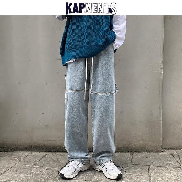 

men's jeans kapments men patchwork wide lge baggy pants 2021 mens vintage black y2k denim trousers male korean streetwear, Blue