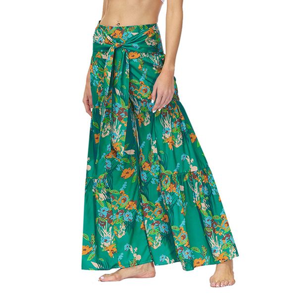 Pantaloni palazzo a gamba larga da donna Pantaloni estivi larghi casual da spiaggia Boho Pantaloni con cintura bohémien stampati floreali