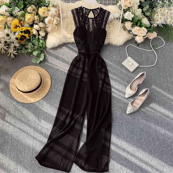 

women's jumpsuits & rompers summer bodysuit womens lace splice backless sleeveless jumpsuit waist thin wide leg pants women c, Black;white