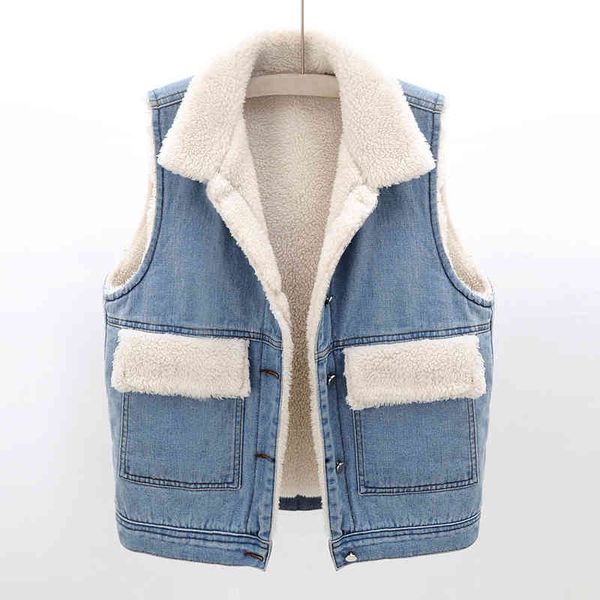 

women's vests women s-2xl denim vest jacket winter warm polar fleece fabric inside of short jean waistcoat casual sleeveless outerwear, Black;white