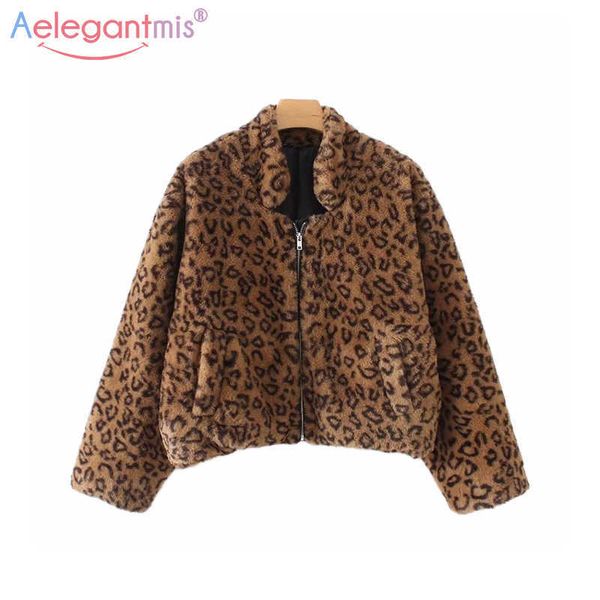 Aelegantmis Fashion Leopard Faux Fur Fluffy Zipper Women Coat Furry Bomber Jacket Casual Pocket Loose manica lunga Cappotti corti 210607