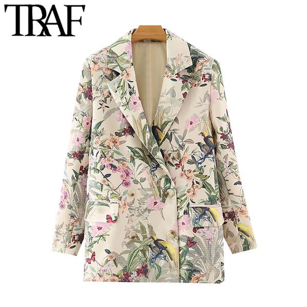 TRAF Kadınlar Moda Ofis Giyim Çiçek Baskı Blazer Ceket Vintage Uzun Kollu Cepler Kadın Giyim Şık 210415 Tops