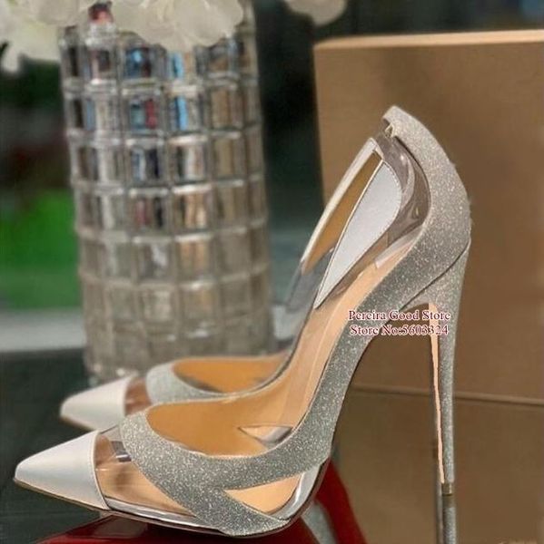 

dress shoes glittering patchwork cut-out pointed toe clear pvc sequined stiletto heel pumps 12cm 10cm wedding bride, Black