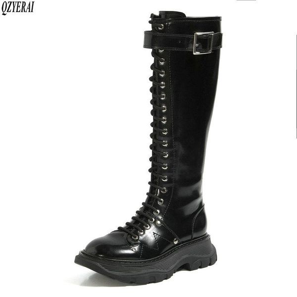 

boots women's genuine leather the knee european locomotive female cowhide shoes, Black