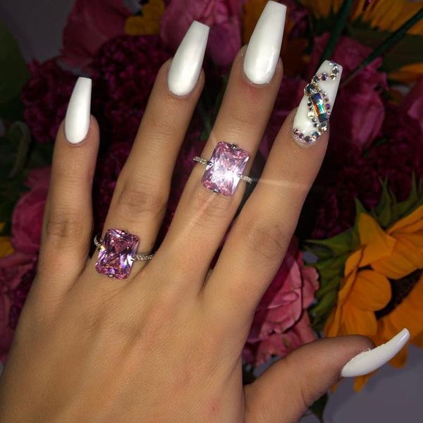 

cluster rings princess cut big pink cubic zirconia cz wedding engagement ring pinky girl women fashion finger jewelry, Golden;silver