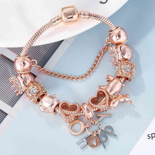 Seialoy Rose Gold Armband Armreifen Für Frauen Prinzessin Elch Perle GLÜCKLICH Charme Armbänder Schmuck Fit Mädchen Paar Freundschaft Schmuck Geschenk