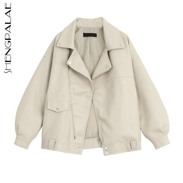 

shenegpelae fashion pu leather coat women's spring lapel inclined zipper large size long sleeve vintage jacket female 210427, Tan;black