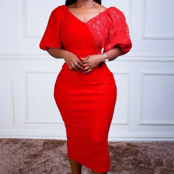 

casual dresses 2021 women dress fashion color contrast splicing lace v-neck puff sleeve high waist temperament commute western style, Black;gray