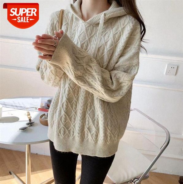 

011680 pullover hooded drawstring twist sweater coat women loose knit #qn4q, Black;gray