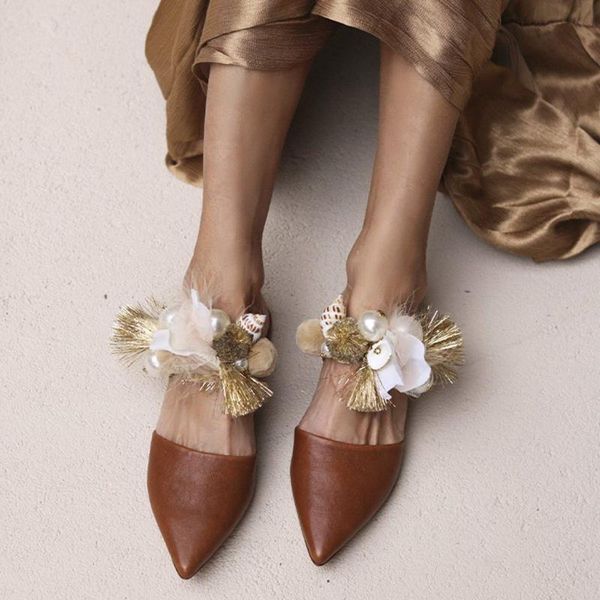 

sandals women pointed toe mules flowers beach pearl summer fashion female lazy flat casual bohemia shoes plus size, Black