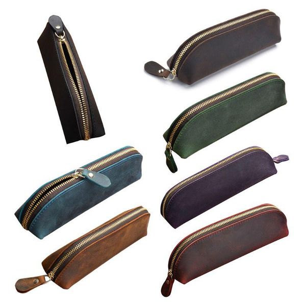 

crazy horse leather pencil bag vintage retro zipper fountain pen makeup pouch cases