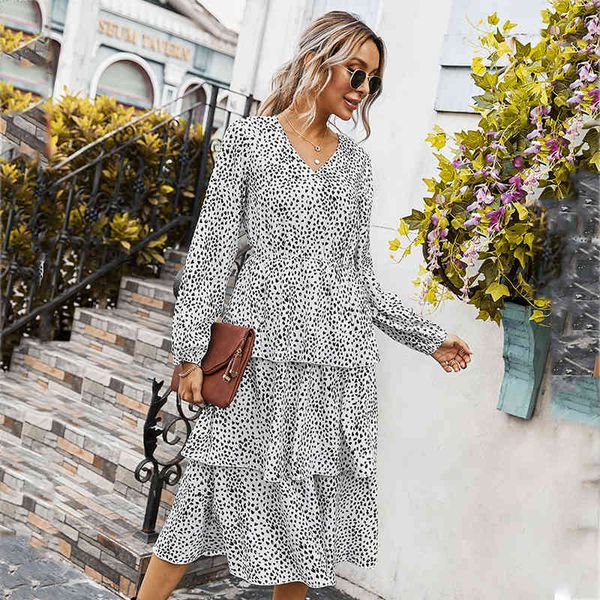 

leopard print ruffle long maxi autumn winter dress women v neck long sleeve white boho casual dress vestidos 210415, Black;gray
