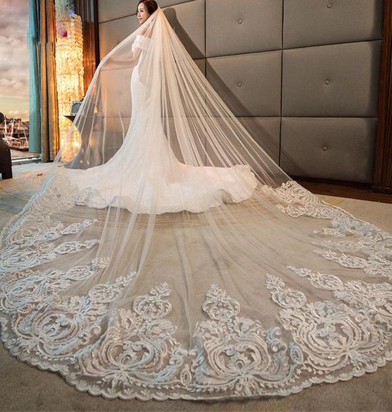

bridal veils romantic long cathedral length lace applique 4m wedding veil with comb white ivory high quality, Black
