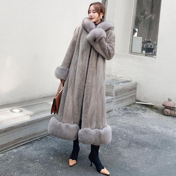 

women's fur & faux n family imported velvet mink coat whole long hooded collar, Black