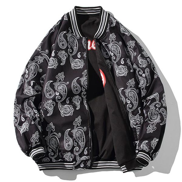 

men's jackets autumn reversible baseball jacket men cashew printed zipper coat fashion causal street loose outerwear clothing male plus, Black;brown
