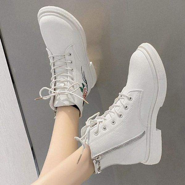 

boots women motorcyle white riding lace up flower print ankle boot equestrian platform female shoe 2021 autumn botas mujer 8728l, Black