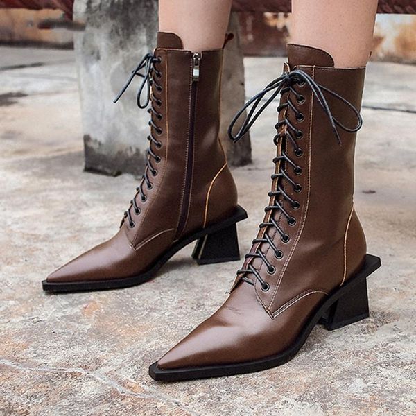 

boots 2021 genuine leather black pointed toe women ankle square heel autumn and winter female high