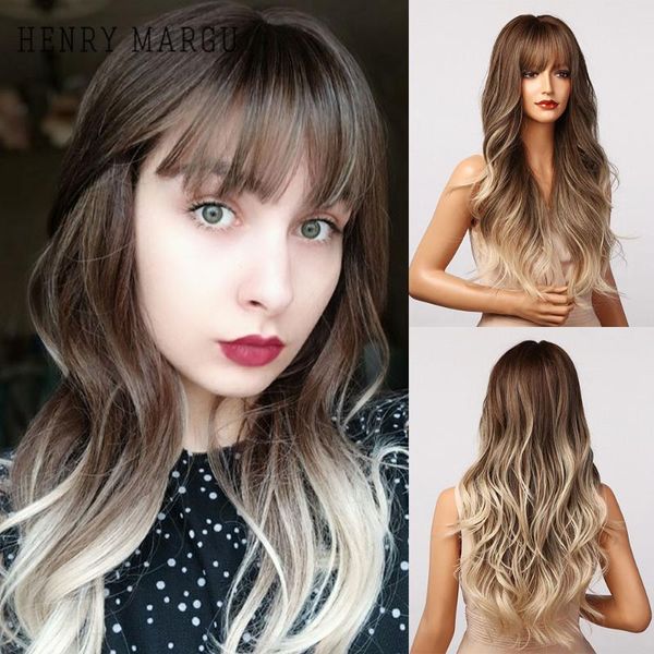 

synthetic wigs henry margu long brown blonde ombre with bangs natural wavy hair for women cosplay party wig heat resistant, Black