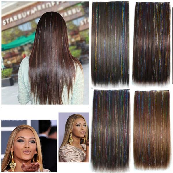 

synthetic wigs Â 5 clips hair colorful gold thread straight clip in false blonde pieces for women, Black