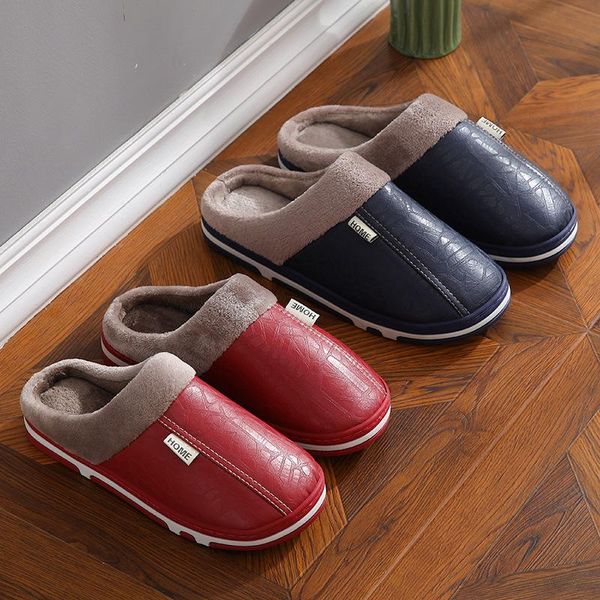 

slippers 2021 winter men's and women's home cotton shoes pu leather warm plus velvet indoor non-slip, Black