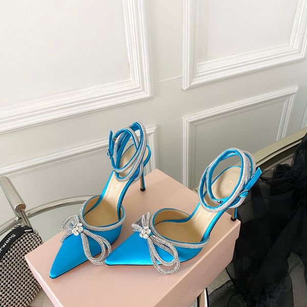 Décolleté con fiocco in raso Décolleté con cristalli impreziositi da strass Scarpe da damigella d'onore Tacchi a spillo da sera Tacchi da donna con tacco Designer di lusso cinturino alla caviglia Calzature da calzaturificio