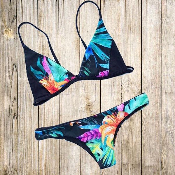 

one-piece suits summer women printed flower triangle bikini set bandage push-up swimsuit beachwear swimwear