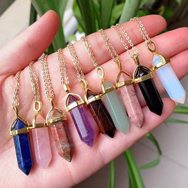 Reiki Real Natural Stone Colar Chakra Pingente Hexagonal Bullet Bullet Ametistas Rosa Roxo Colar De Cristal Mulheres Jóias