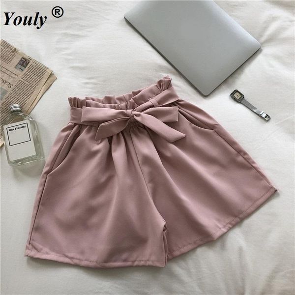 

women's shorts chiffon bow women korean summer 2021 high waist casual loose wide leg female elegant office ladies party short, White;black