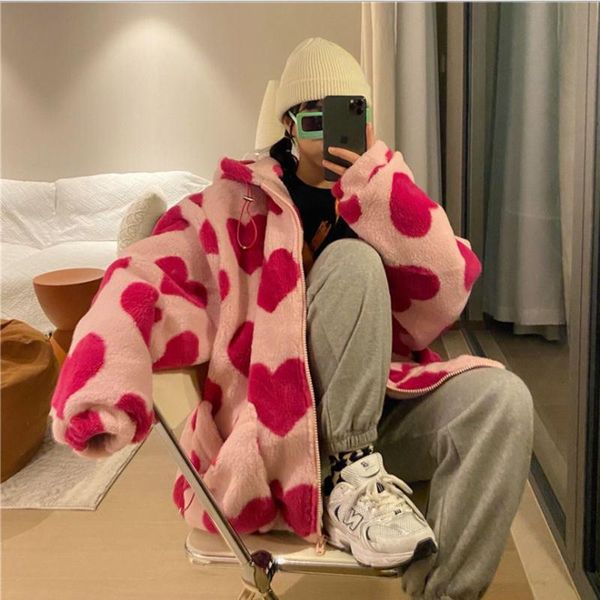 

women's jackets heart print women jacket winter warm zipper hooded flannel parka harajuku lambswool sherpa streetwear loose couple hood, Black;brown