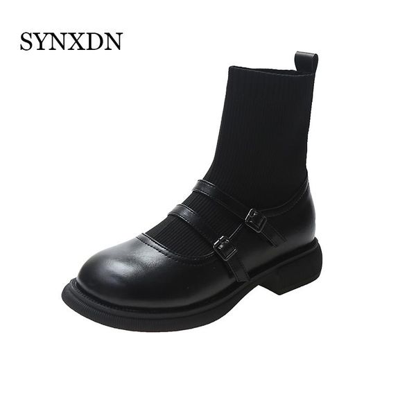 

boots synxdn 2021 autumn winter fashion women shoes female sock black square heels 3.5 cm leather