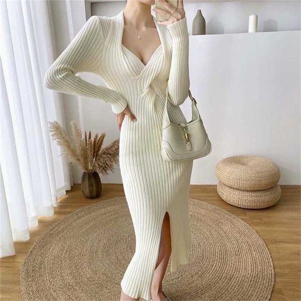 

womens split dress sweater v-neck fall winter high waist elegant slim knitted dresses woman party night robe femme vestido 211119, Black;gray